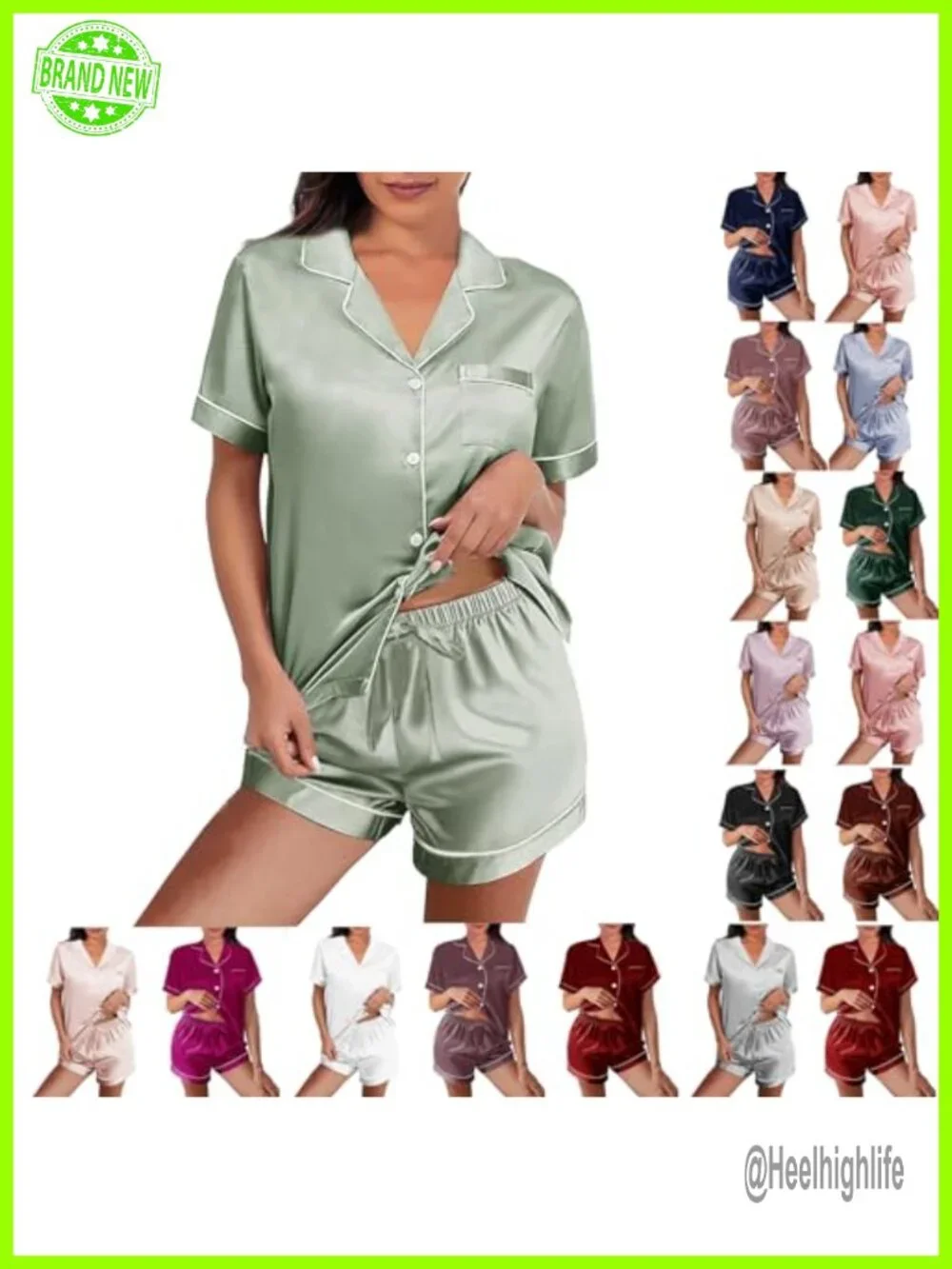 Satin Pajama Set Two-Piece Silk Pajamas Button-Down Sleepwear Pjs Set